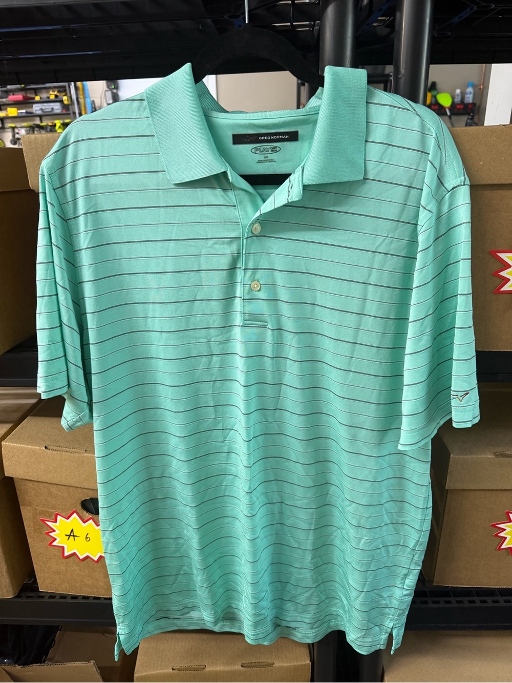 Greg Norman Collection Mint Green Polo with Thin Navy Stripes